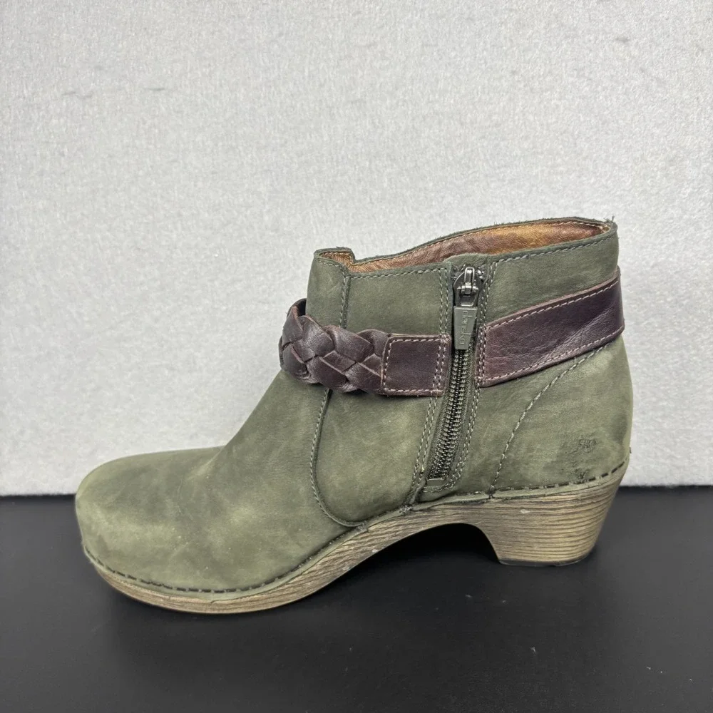 Dansko Michelle Green Nubuck Leather Ankle Booties Boots EU 38 US 7/7.5 Side Zip